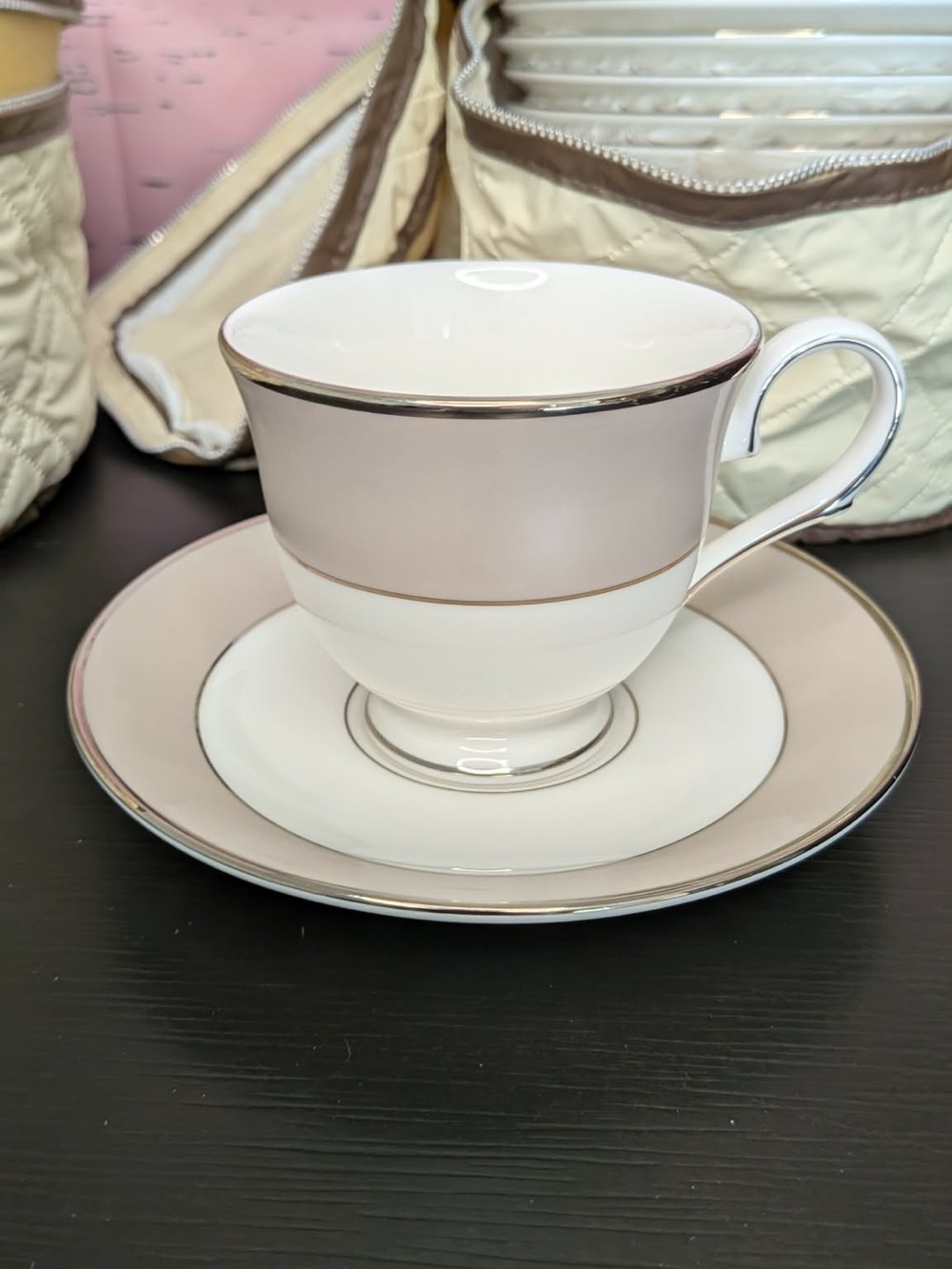 VTG Set of 12 Lenox Federal Platinum Frost cups & 14 saucers Fine Bone China EUC